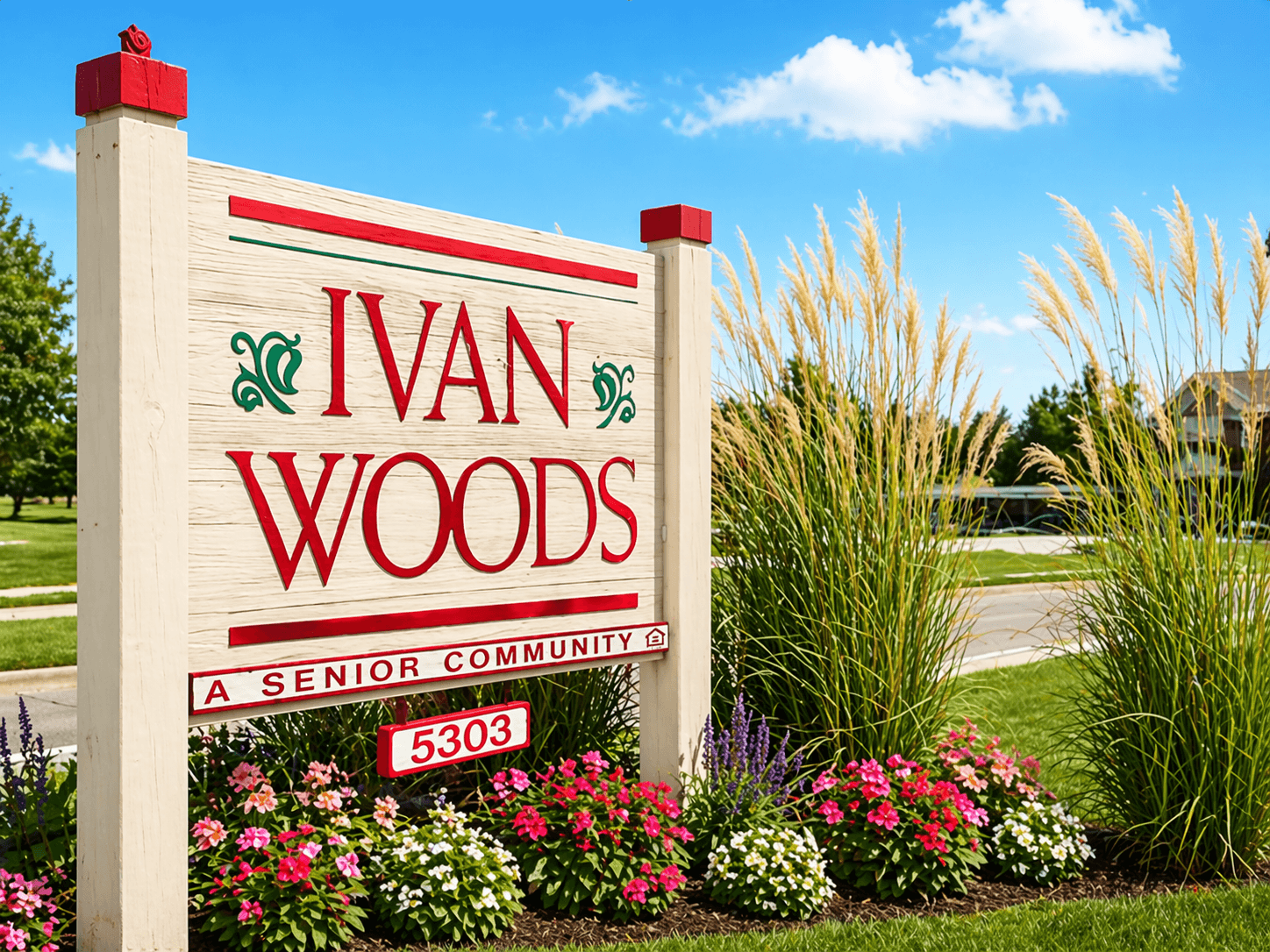 A sign for Ivan Woods Senior Community with a red and green design on the top left.